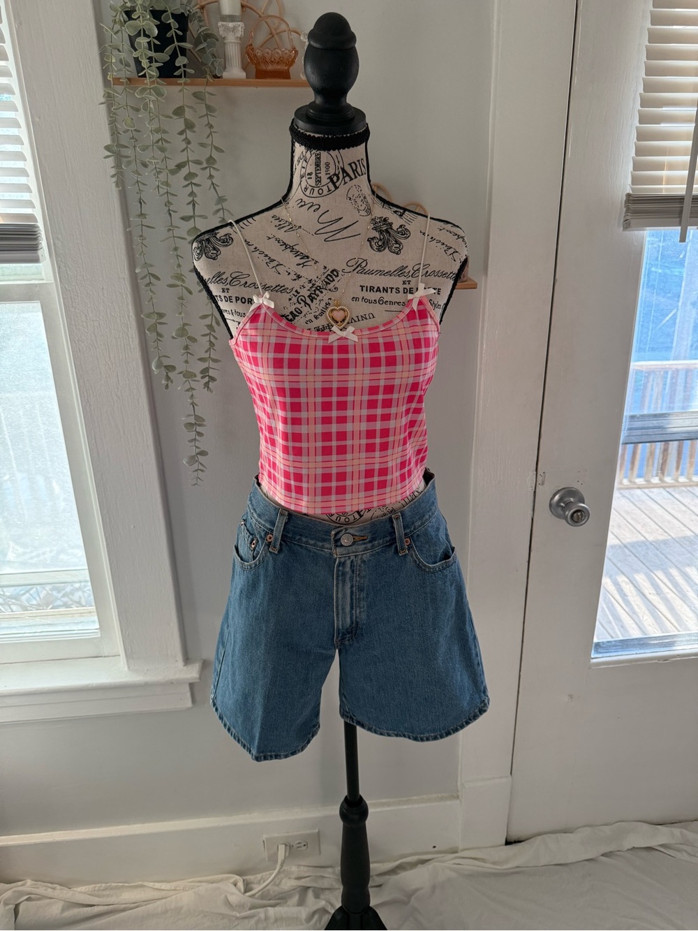 SHEIN Pink Plaid Spaghetti-Strap Crop Top